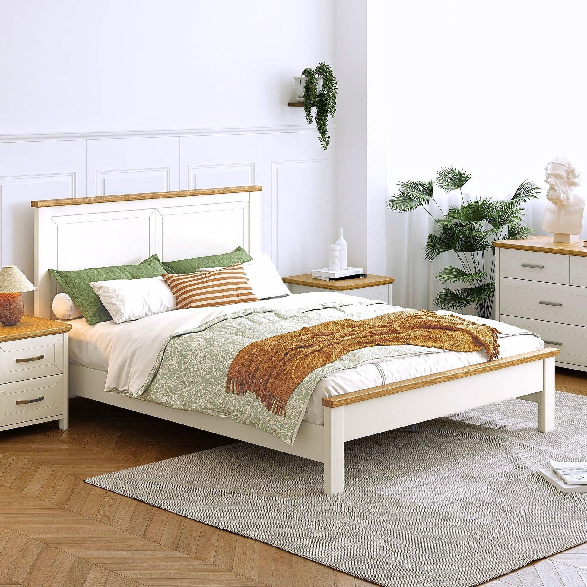 Stoven white solid wood bed frame with timber trim headboard