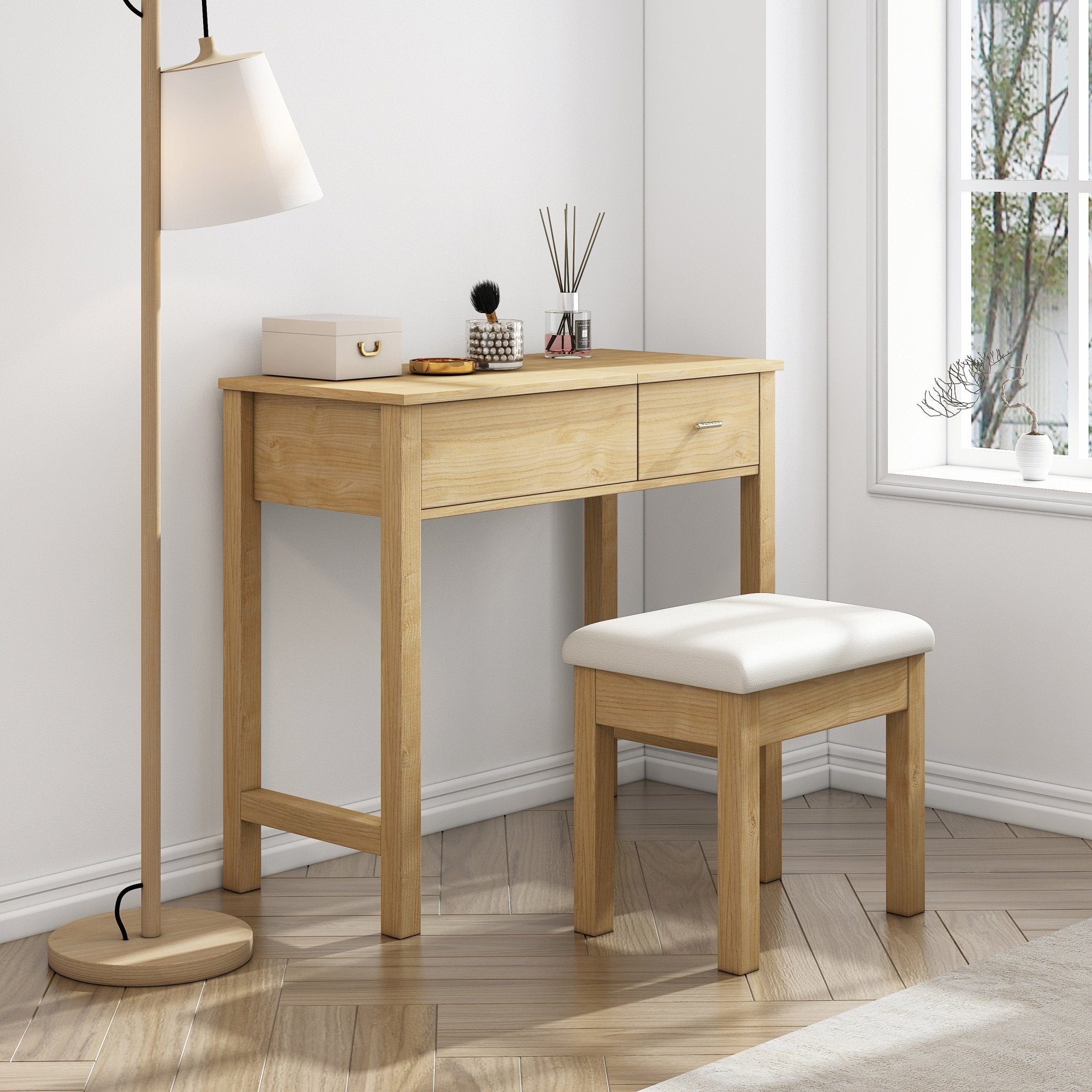 Taranto compact oak dresser with matching stool and floor lamp