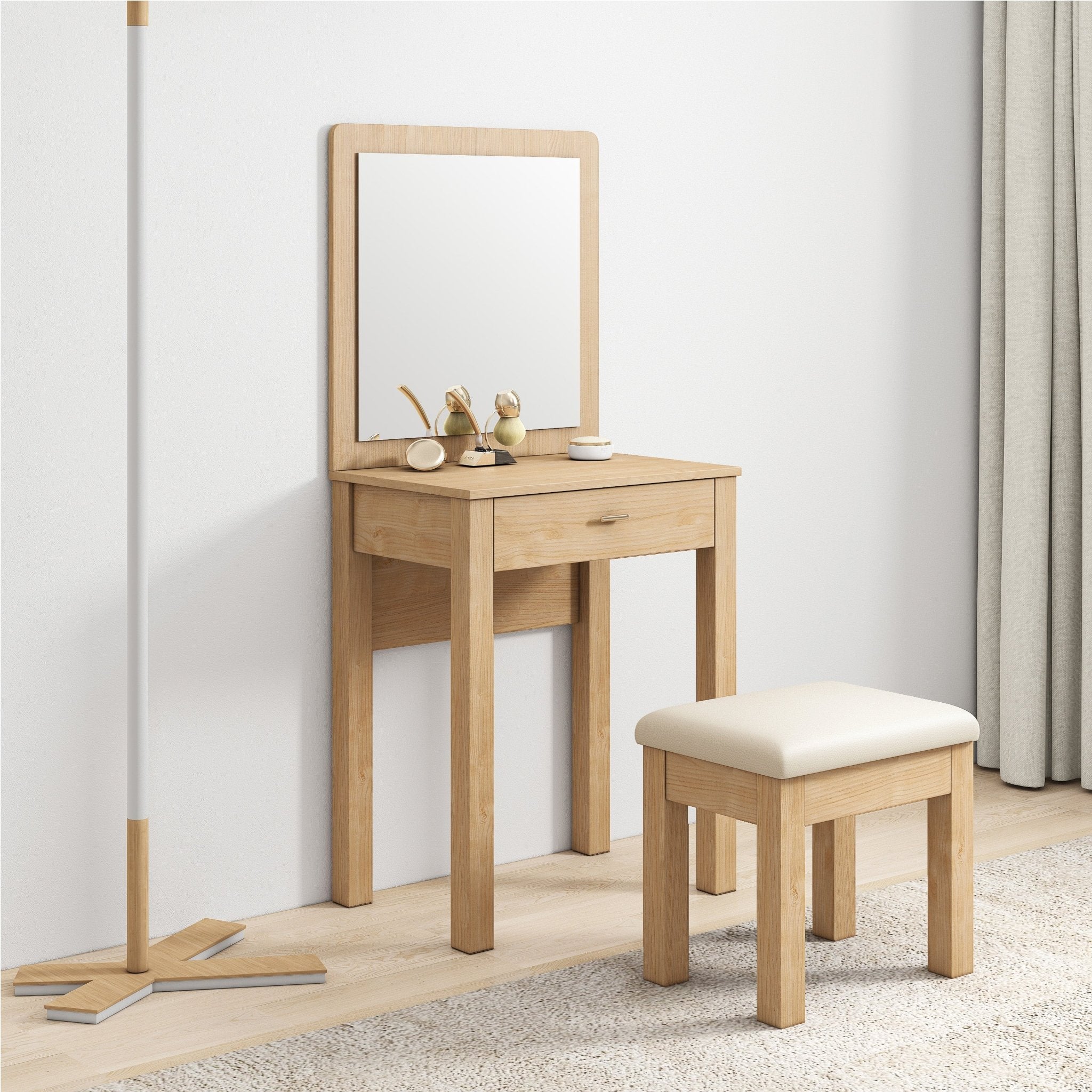 Trani oak dressing table with mirror and cushioned stool