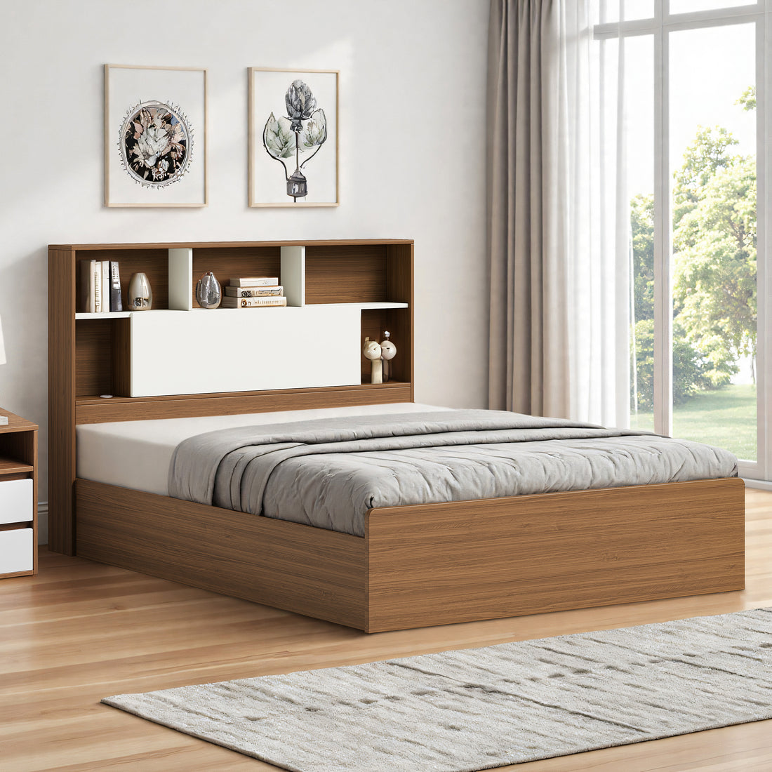 Polia gas lift storage bed with headboard shelving and lift-up base