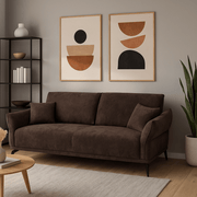 Sora dark brown three seater sofa with plush cushions and abstract art