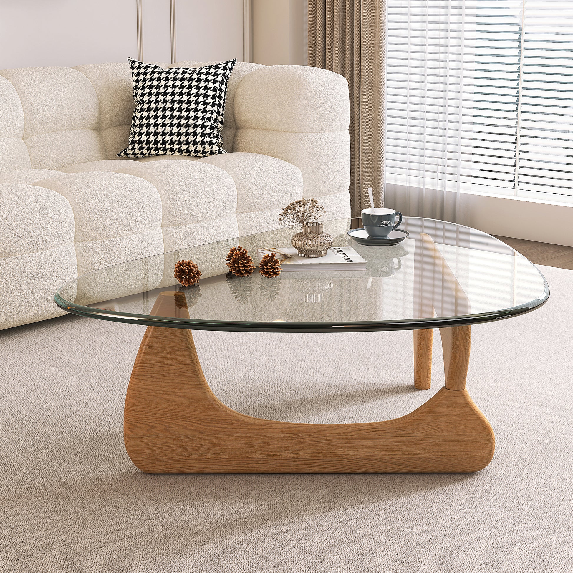 Noguchi style glass top coffee table with sculptural wood base