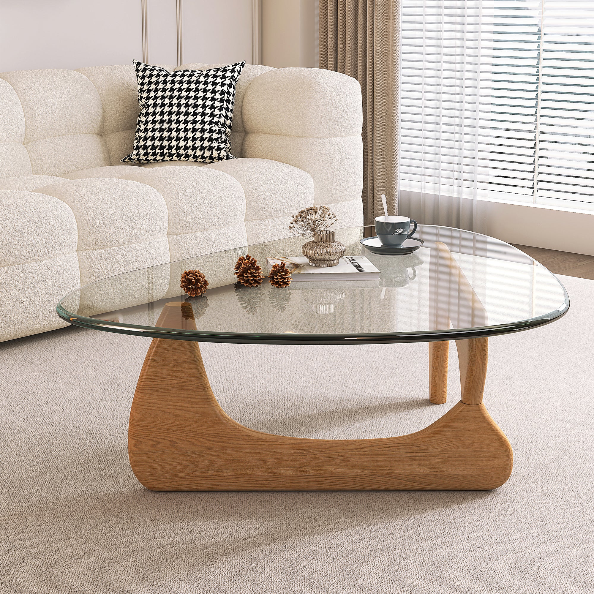 Noguchi style glass top coffee table with sculptural wood base