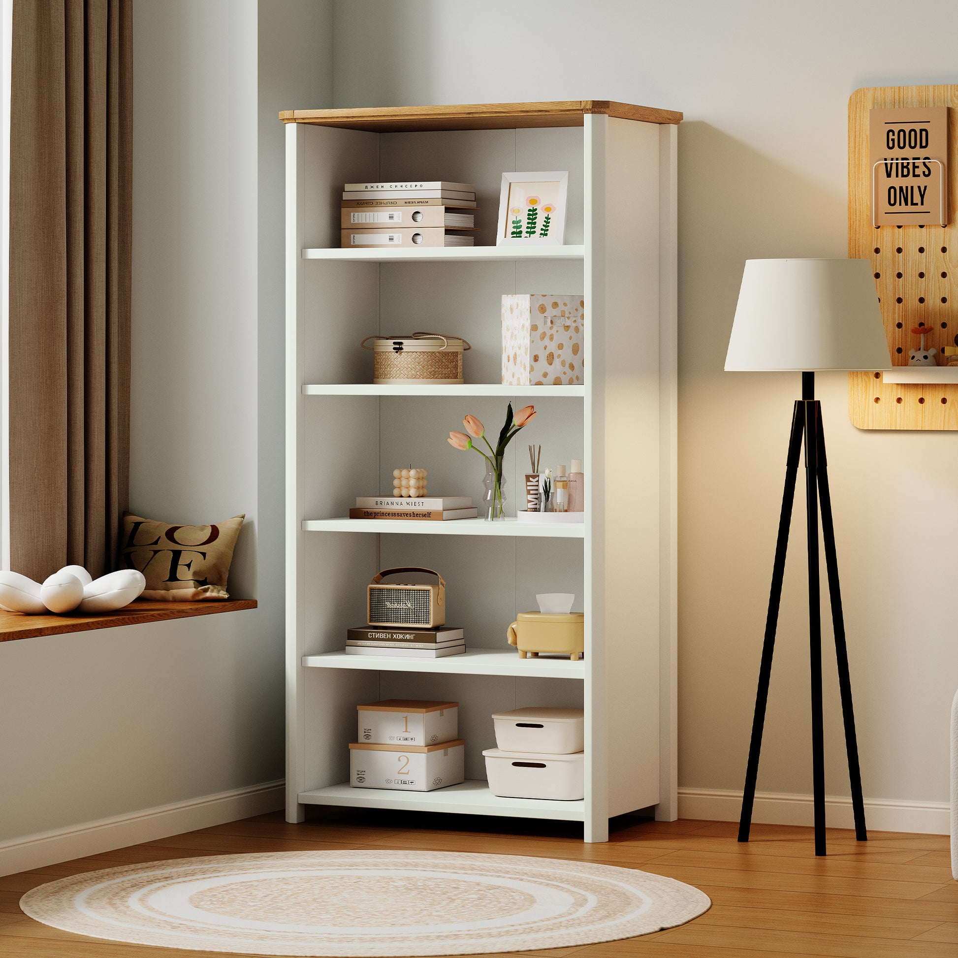 Stoven white five-shelf bookshelf with oak top beside a tripod floor lamp