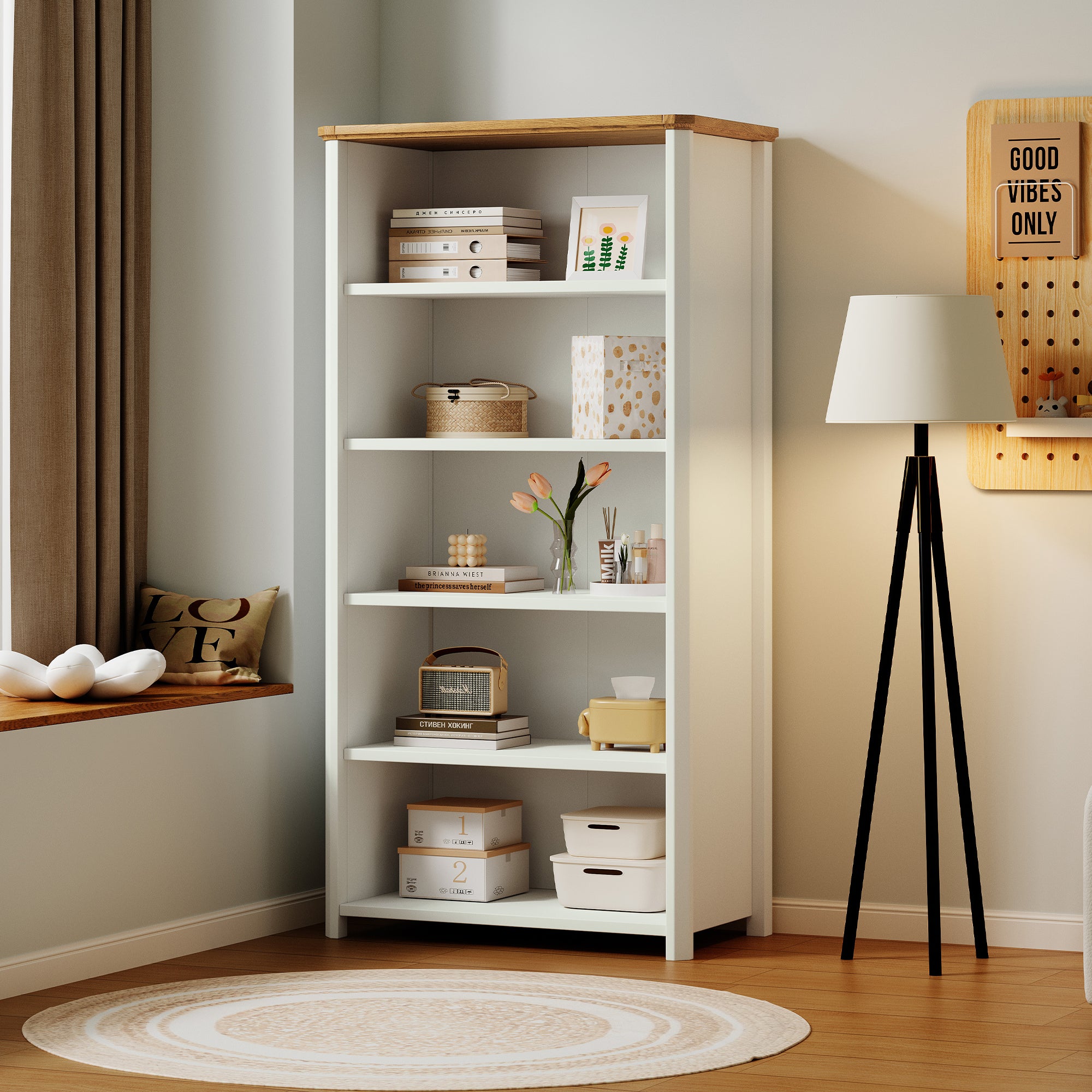 Stoven white five-shelf bookshelf with oak top beside a tripod floor lamp