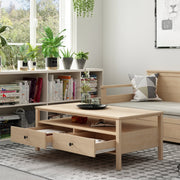 Modica light wood coffee table with two drawers and copper handles