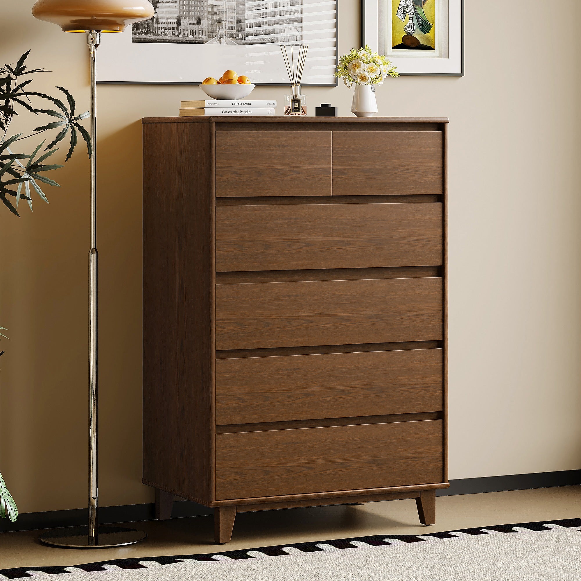 Arezzo six drawer tallboy in Claro Walnut with angled legs