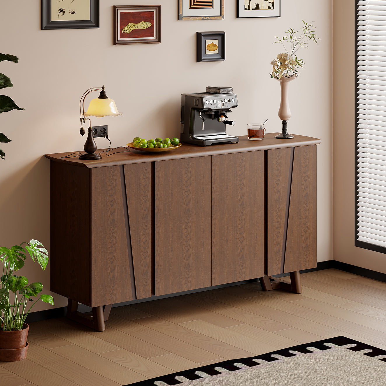 Arezzo 1.6m walnut sideboard with angled panel doors styled with wine