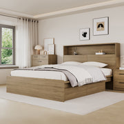Platsa storage bed frame in light oak with open headboard compartments
