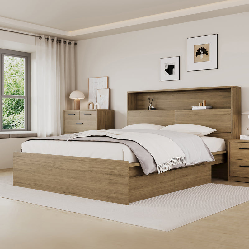 Platsa storage bed frame in light oak with open headboard compartments