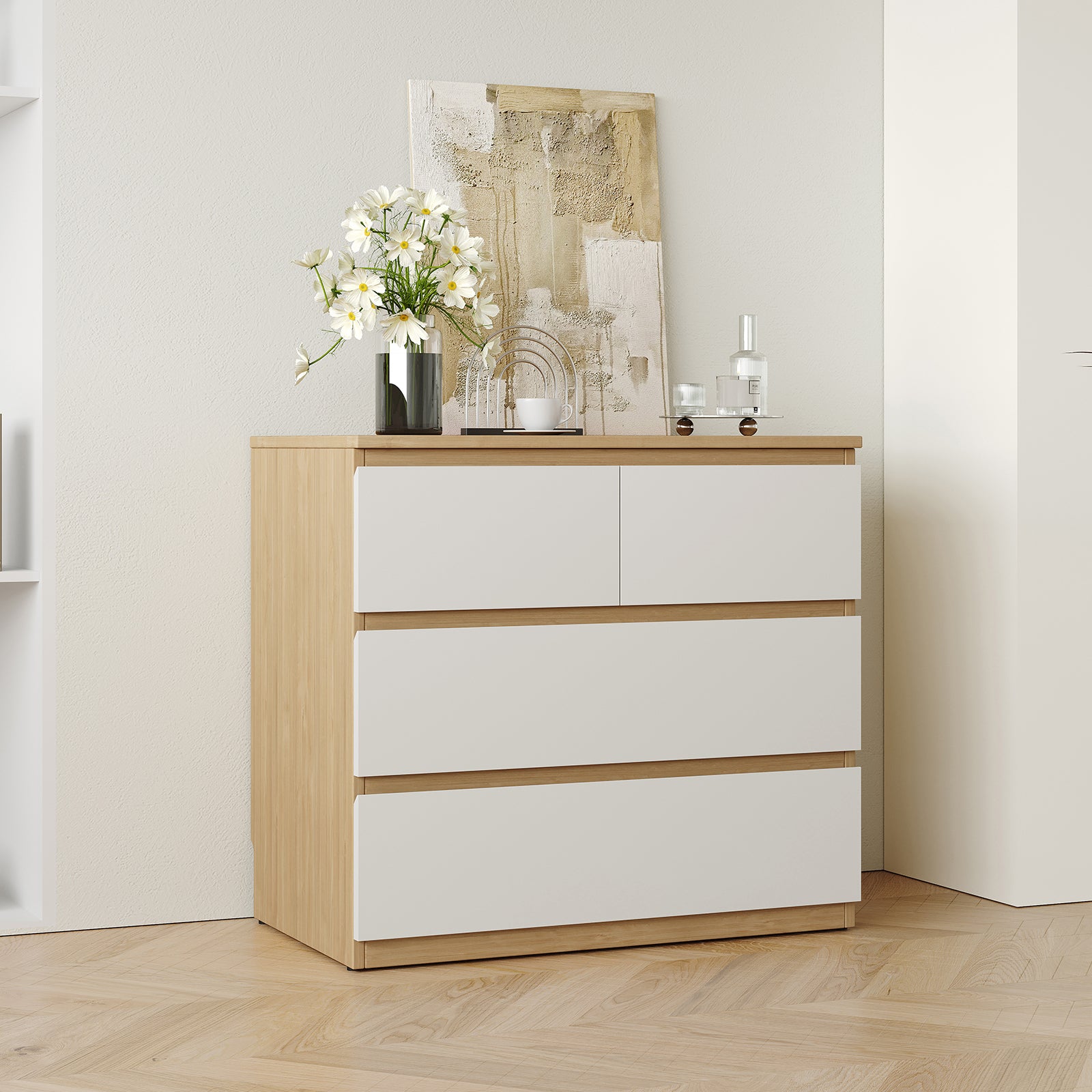 Sotta four drawer lowboy in oak frame with white drawers