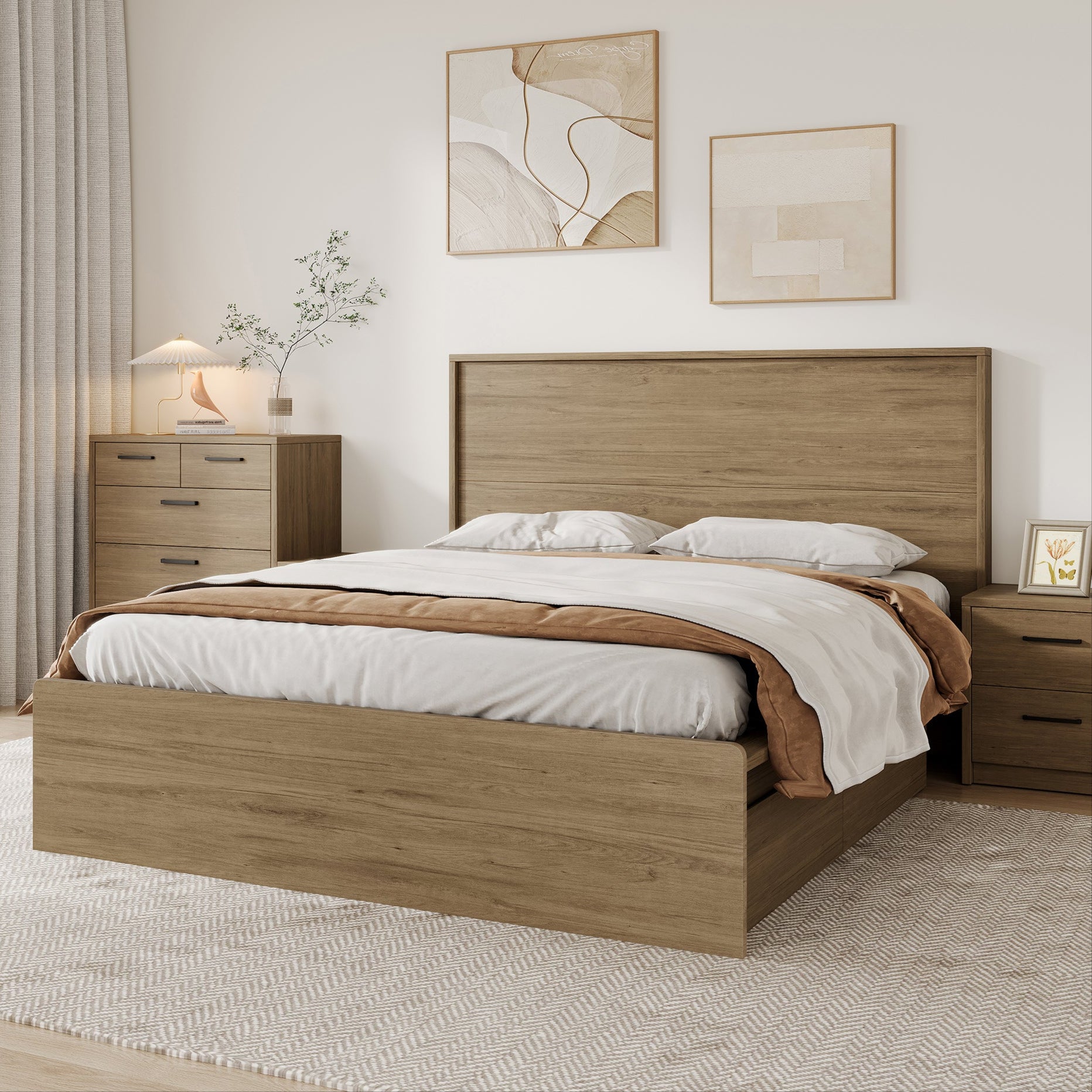 Platsa light oak queen bed frame with slatted headboard in a bright bedroom
