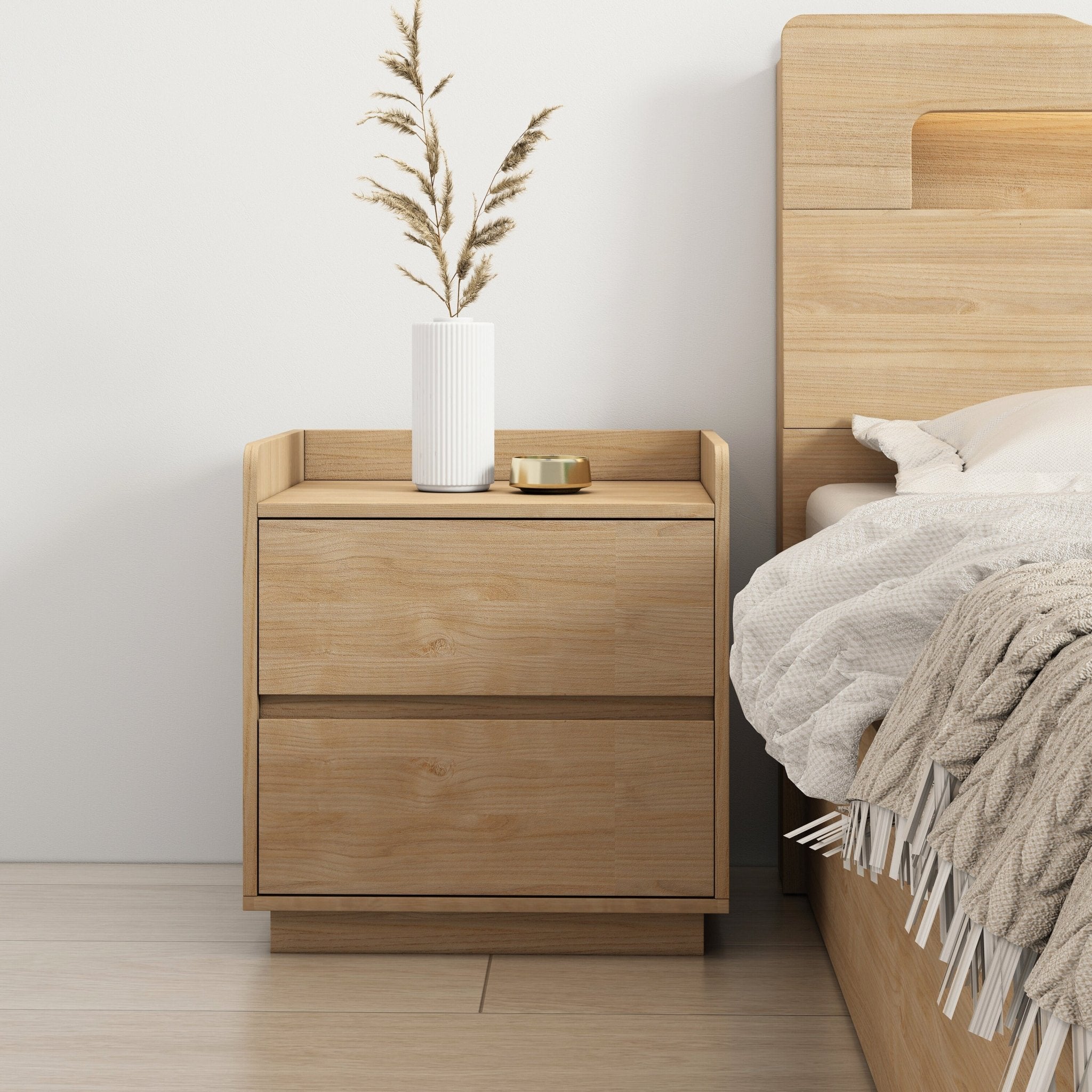 Turin oak handle-free bedside table with two drawers and a vase on top