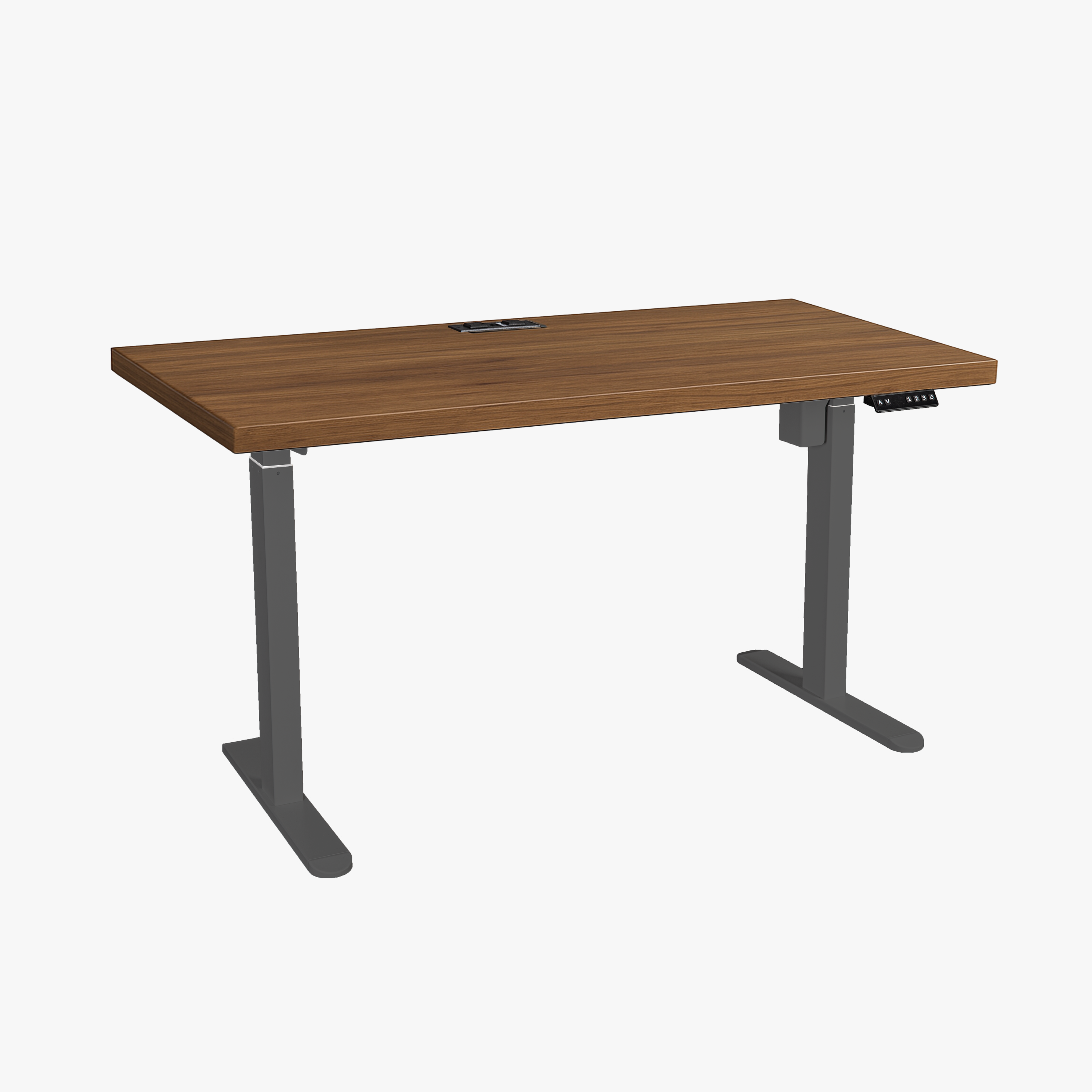 Asti electric standing desk with walnut top raised to standing height