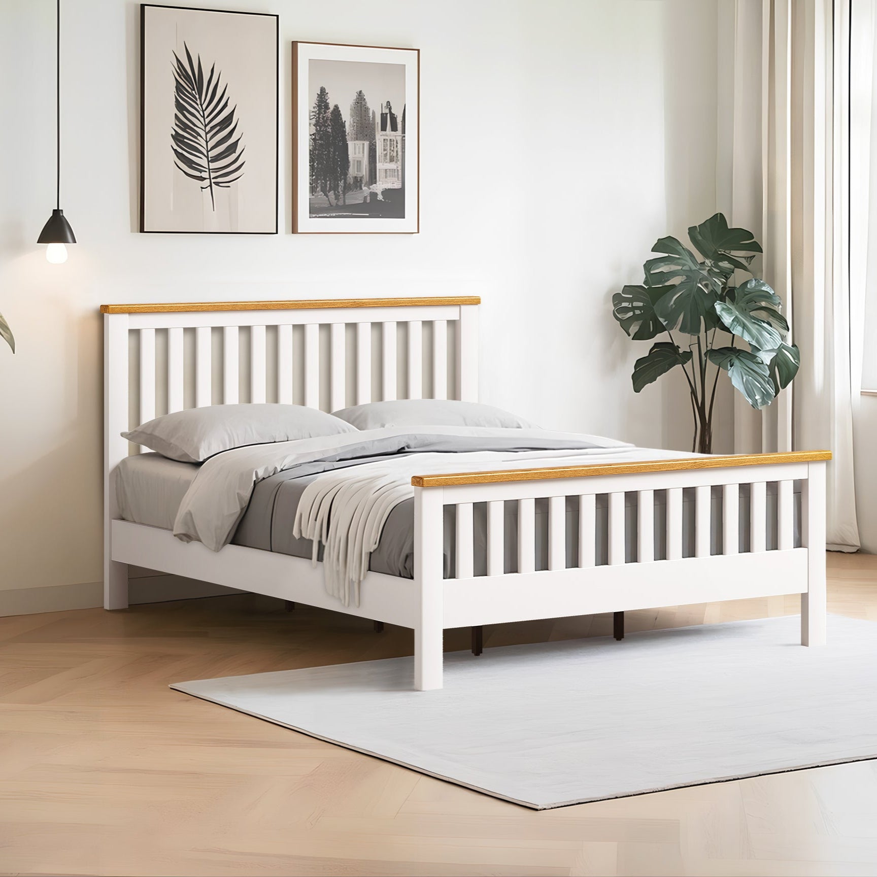 Stoven white cottage bed frame with slatted headboard and wood rail