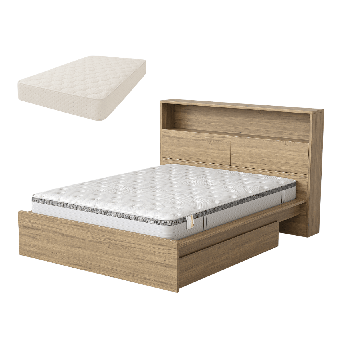 Platsa light oak storage bed with mattress set and headboard shelves