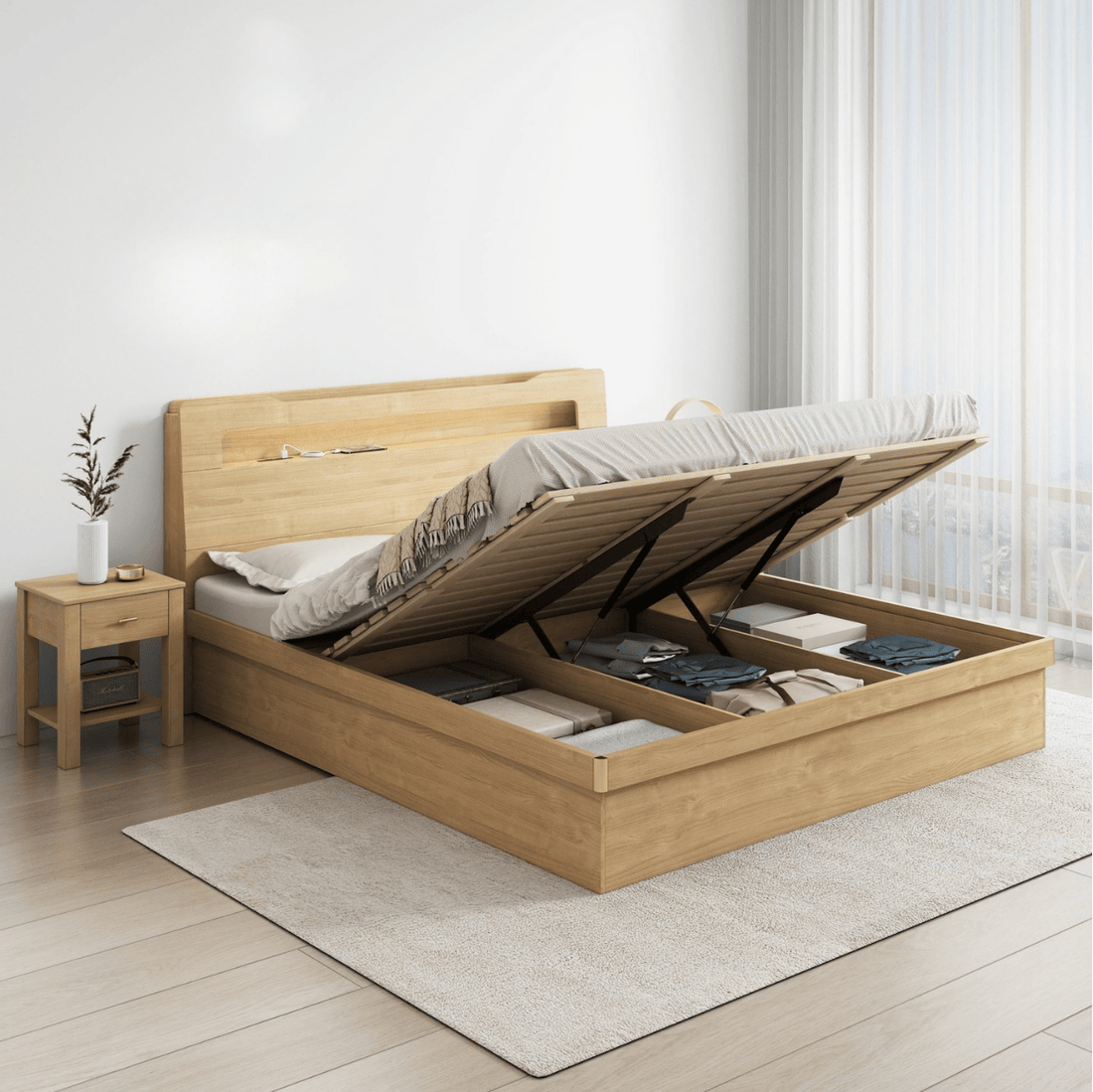 Doria light oak gas lift bed frame lifted open showing storage space