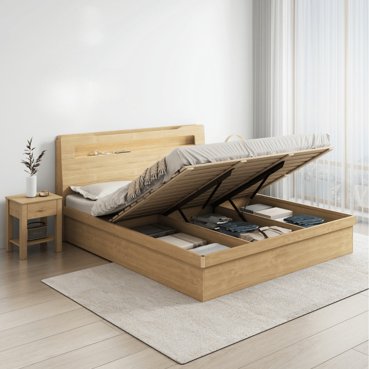 Doria light oak gas lift bed frame lifted open showing storage space