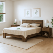 Corsi elmwood bed frame with white bedding and framed prints