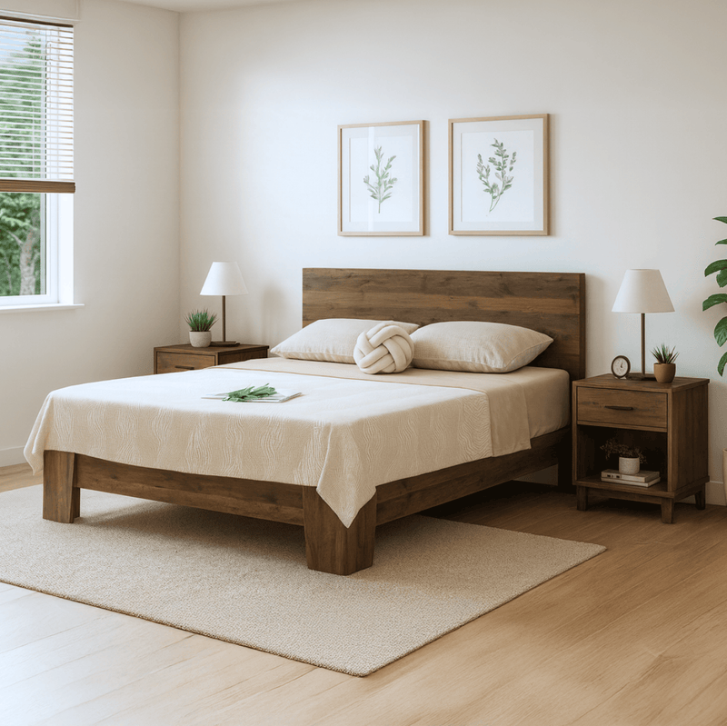 Corsi elmwood bed frame with white bedding and framed prints