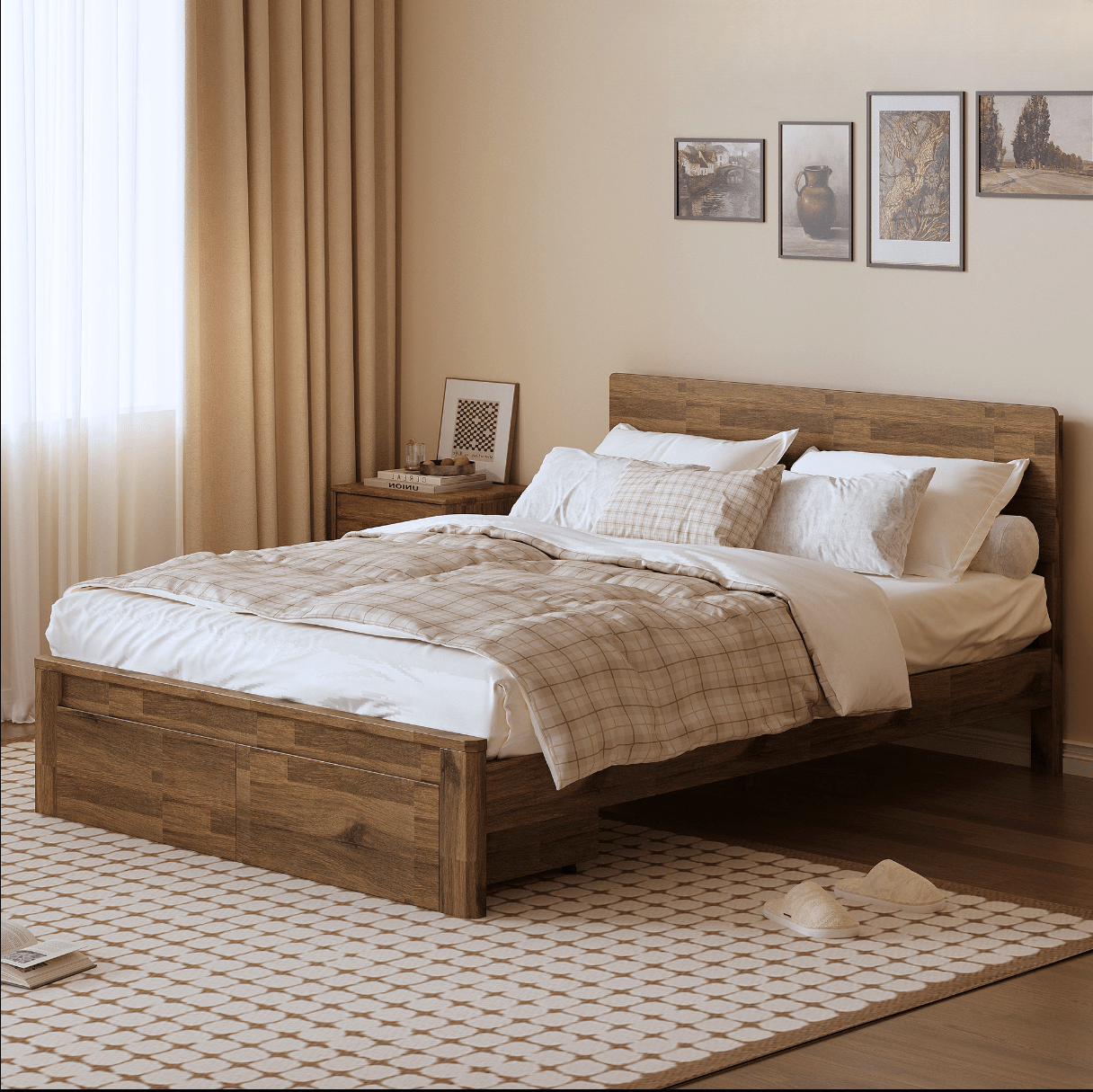 Corsi walnut storage bed frame with under-bed drawers in a styled bedroom