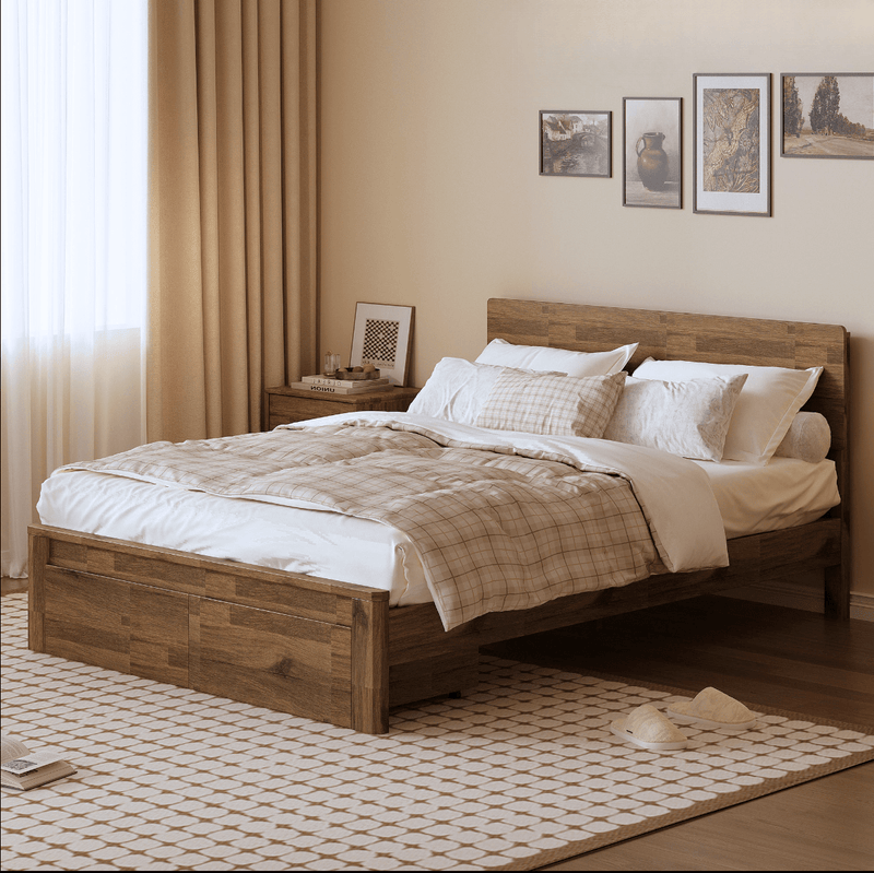 Corsi walnut storage bed frame with under-bed drawers in a styled bedroom