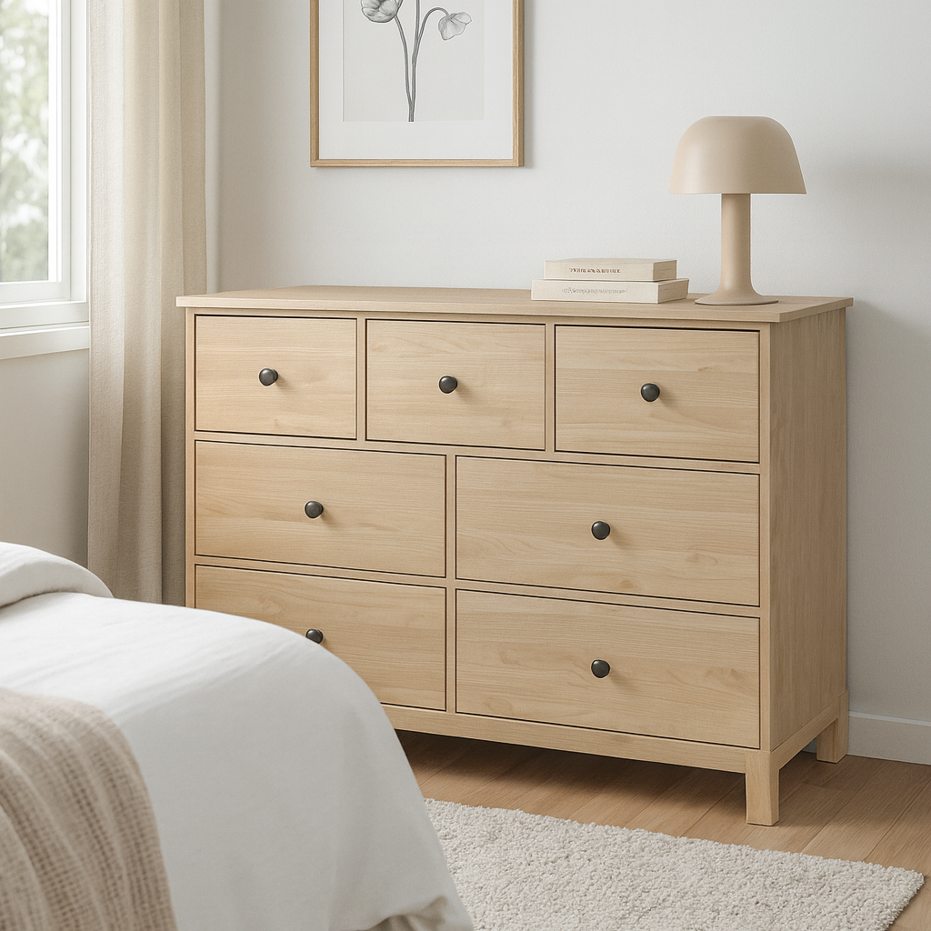 Modica light oak seven drawer lowboy with dark handles