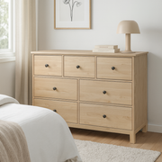 Modica light oak seven drawer lowboy with dark handles