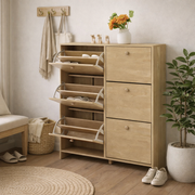 Sisco oak shoe cabinet with six flip drawers shown open with shoes