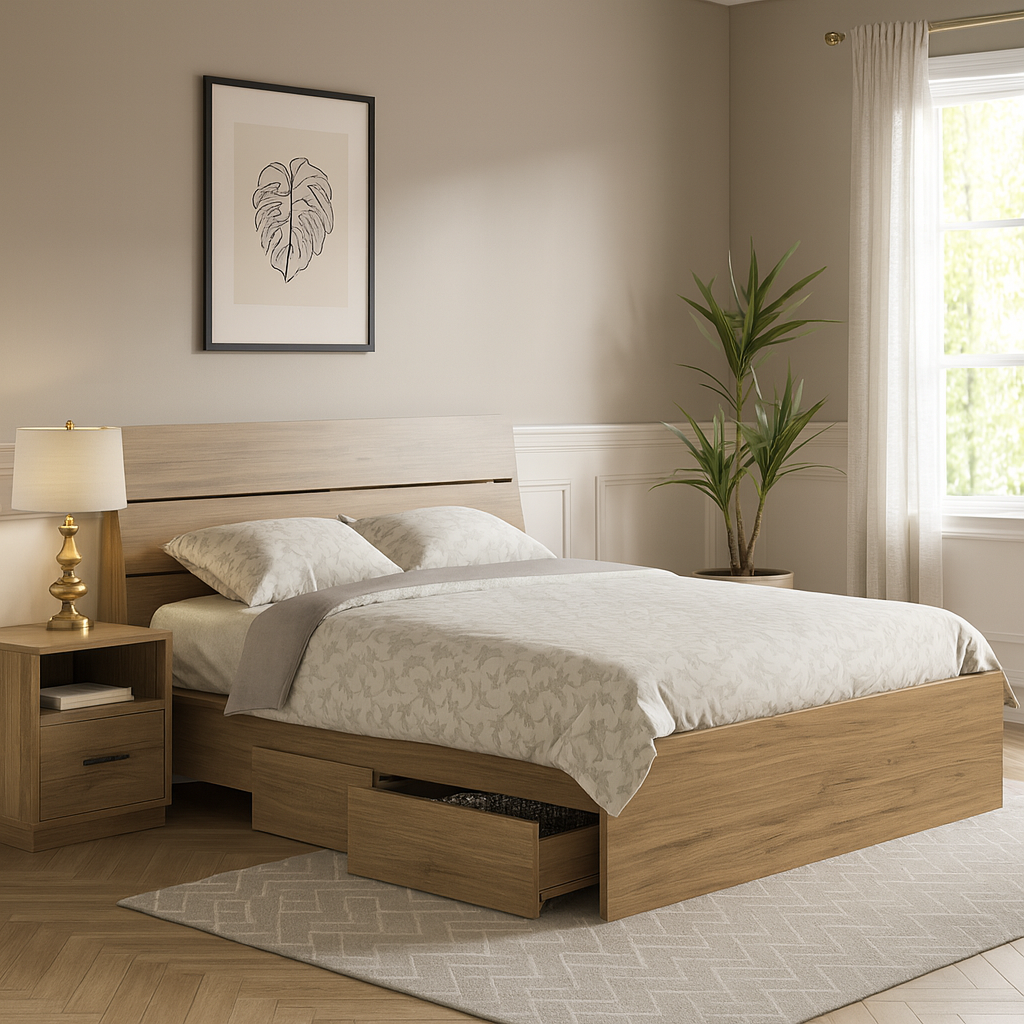 Platsa Nordic grey oak storage bed frame with side drawers