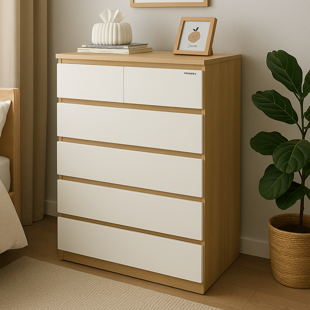Sotta five drawer tallboy in oak with white drawer fronts