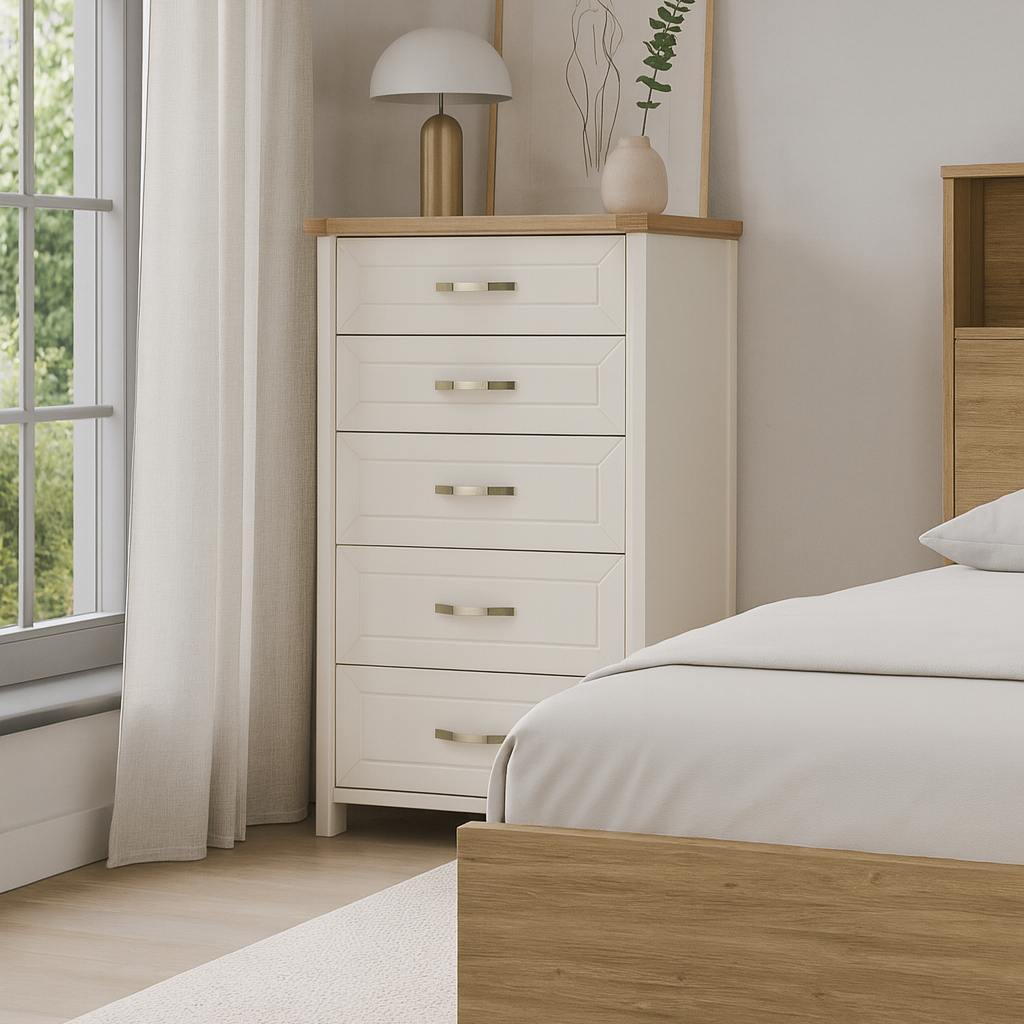 Stoven five drawer tallboy in white with natural wood top