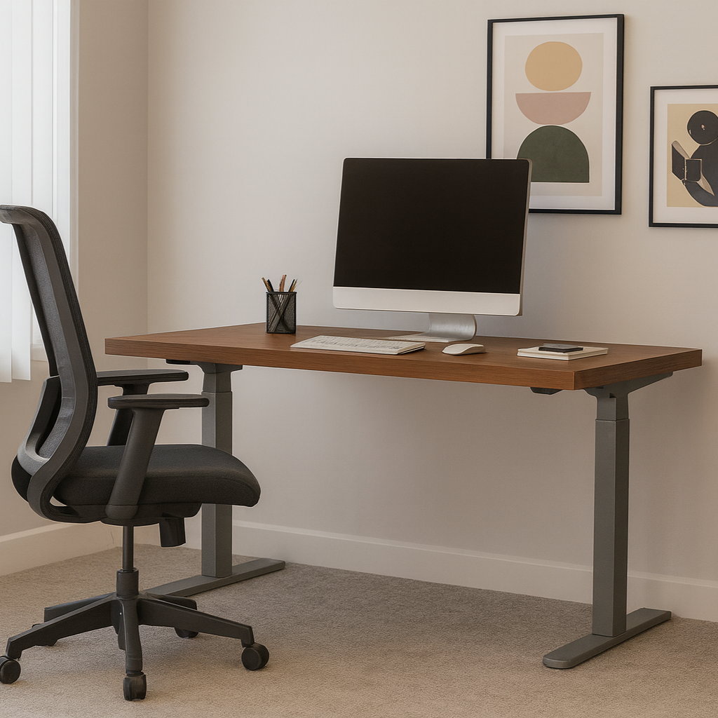 Asti 1.6m electric standing desk with walnut top and grey frame