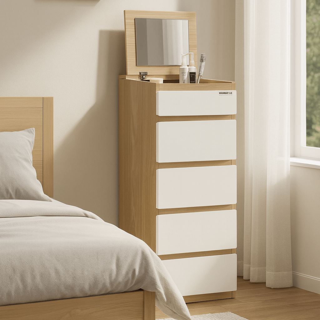Sotta slim dresser in white and oak with five drawers beside a bed