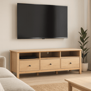 Modica 1.8m light oak TV unit with three drawers under a mounted TV