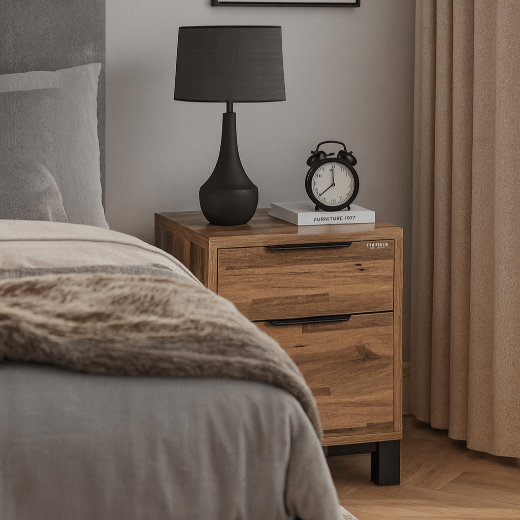 Corsi wood-look bedside table with black metal legs, lamp and alarm clock