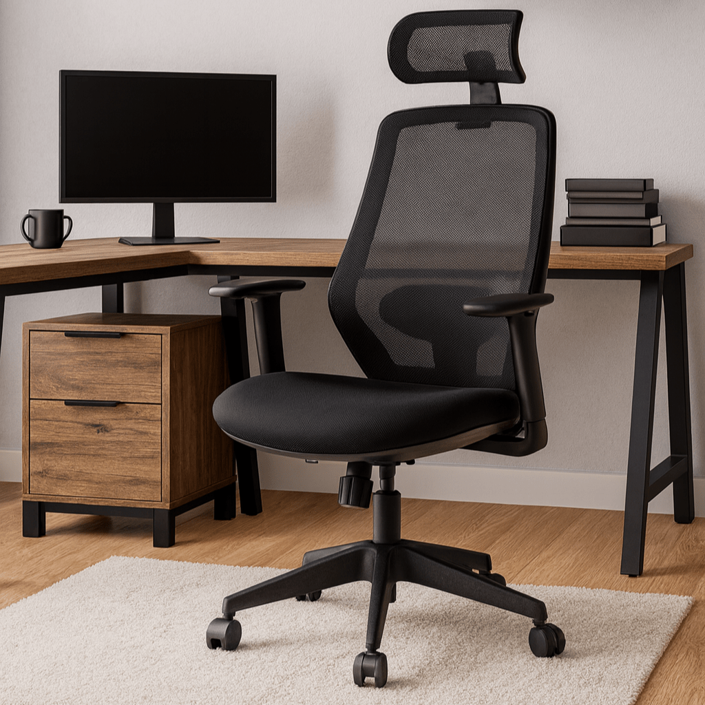 Formia black ergonomic mesh office chair with headrest at a corner desk