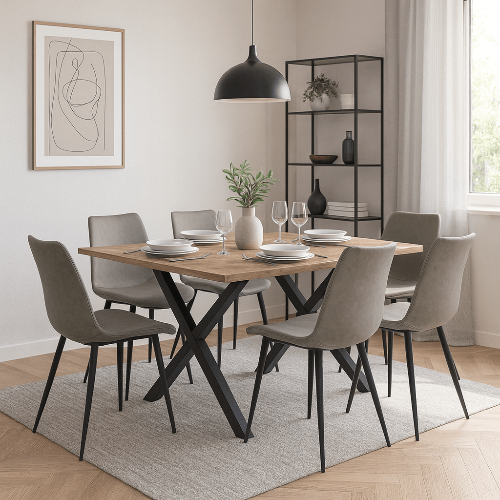 Bubbio grey PU leather dining chairs with black metal legs at a dining table