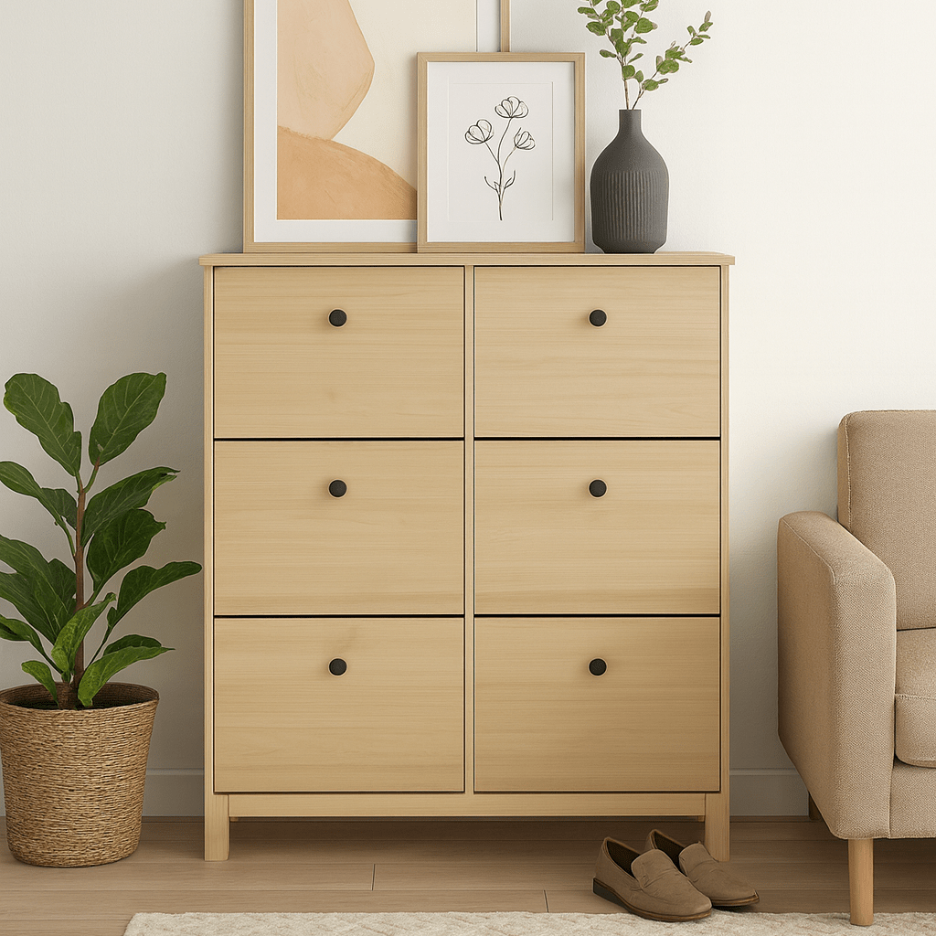 Modica natural oak shoe cabinet with six flip drawers beside an armchair
