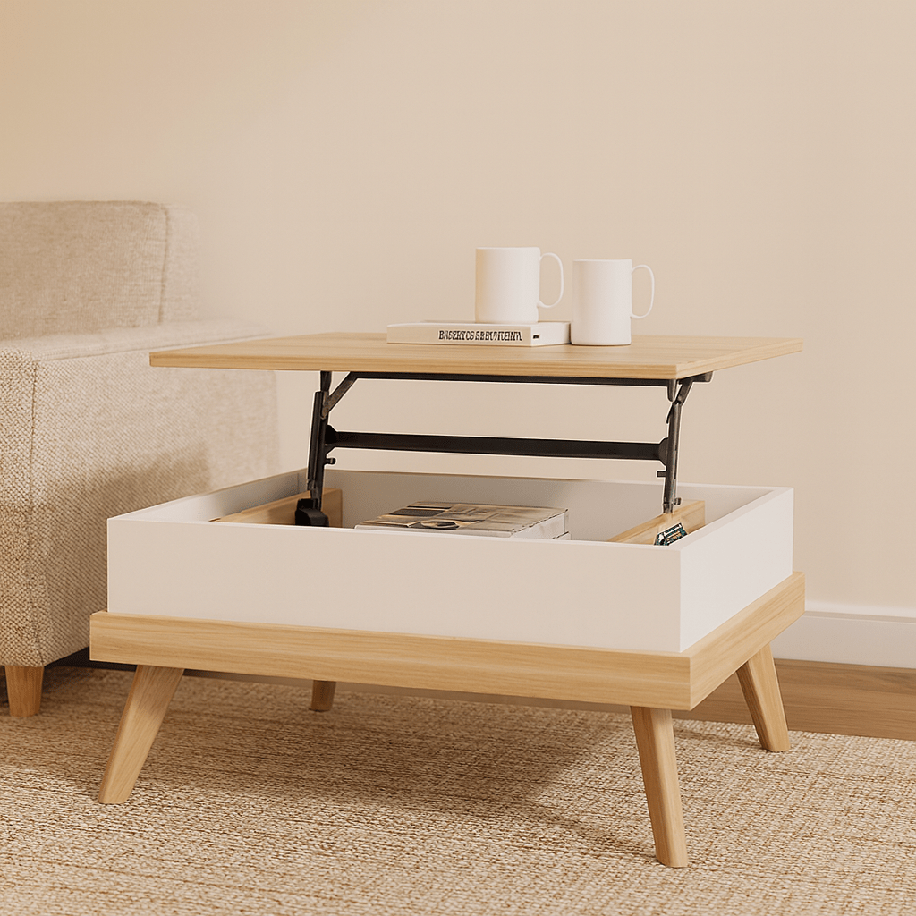 Apulia white lift-top coffee table shown open with hidden storage
