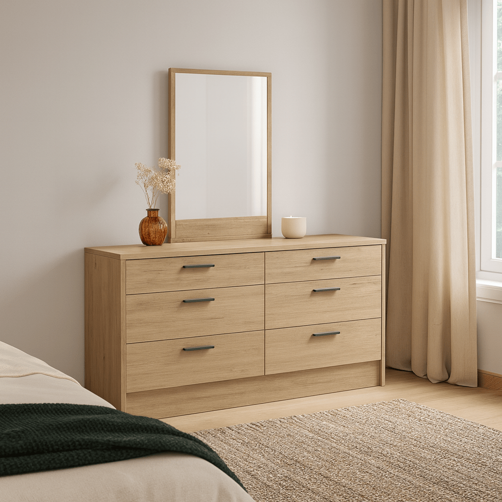 Platsa grey oak dresser mirror mounted on a matching chest