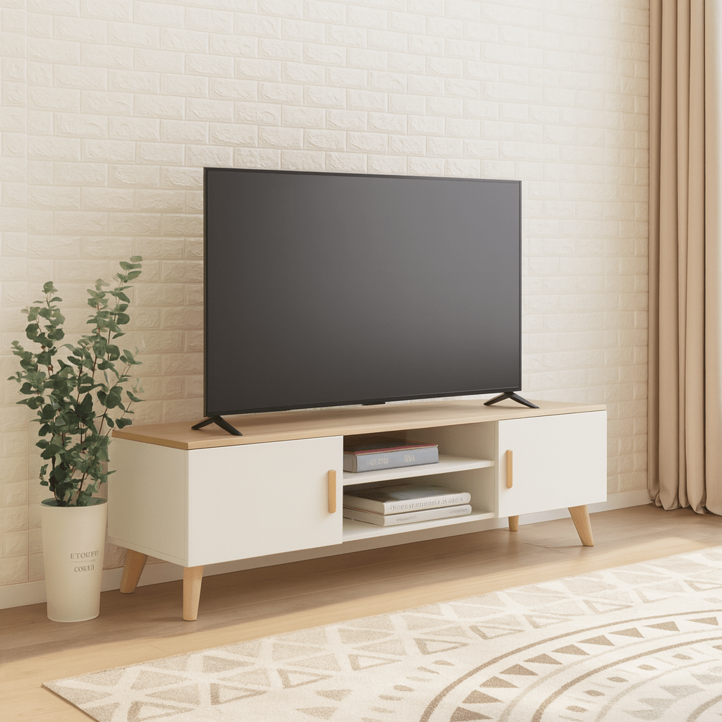 Sassari compact TV stand in oak and white with open shelves