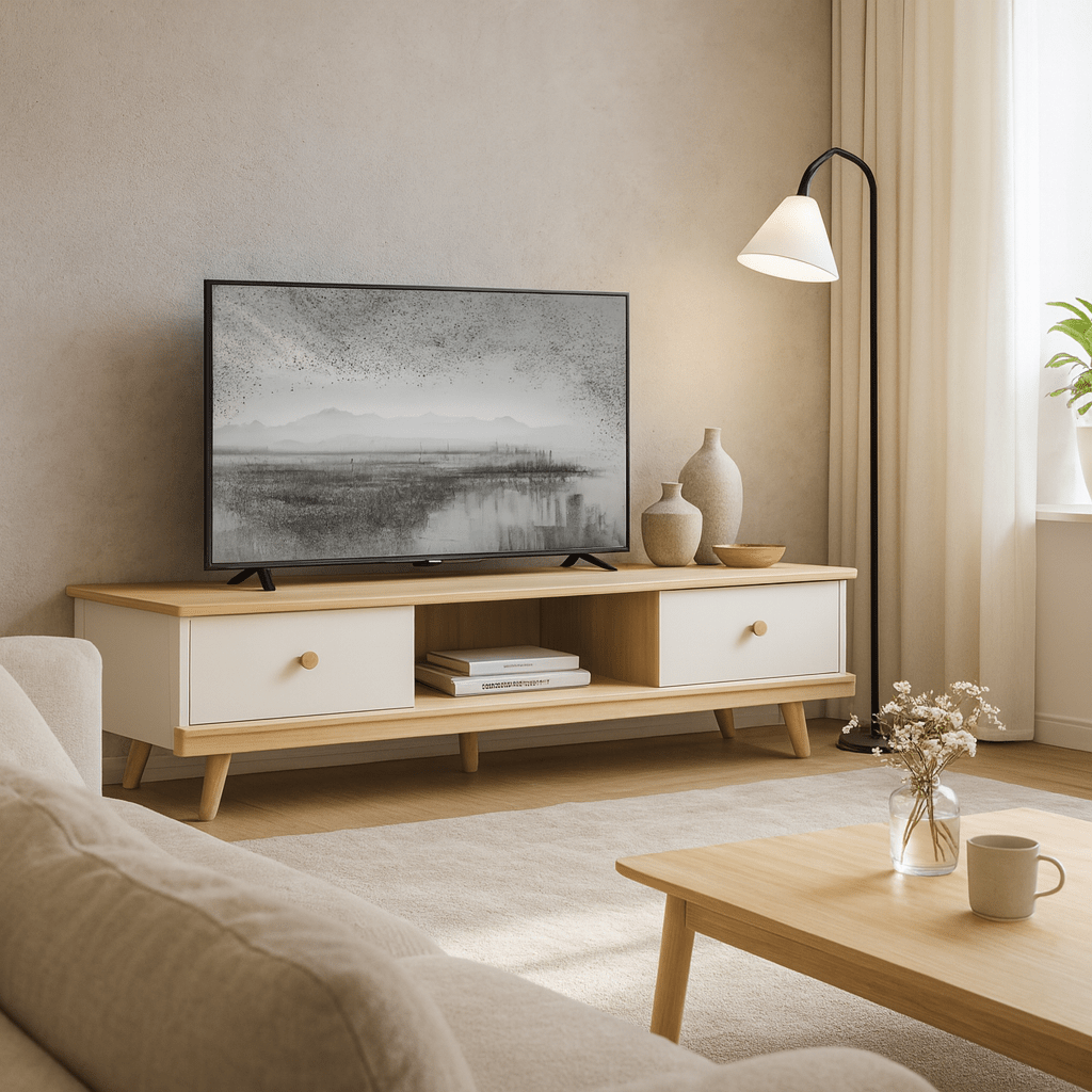 Tivoli white and oak TV stand with two drawers below a wall-mounted TV