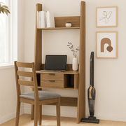 Polia compact wood desk with attached shelving and two drawers