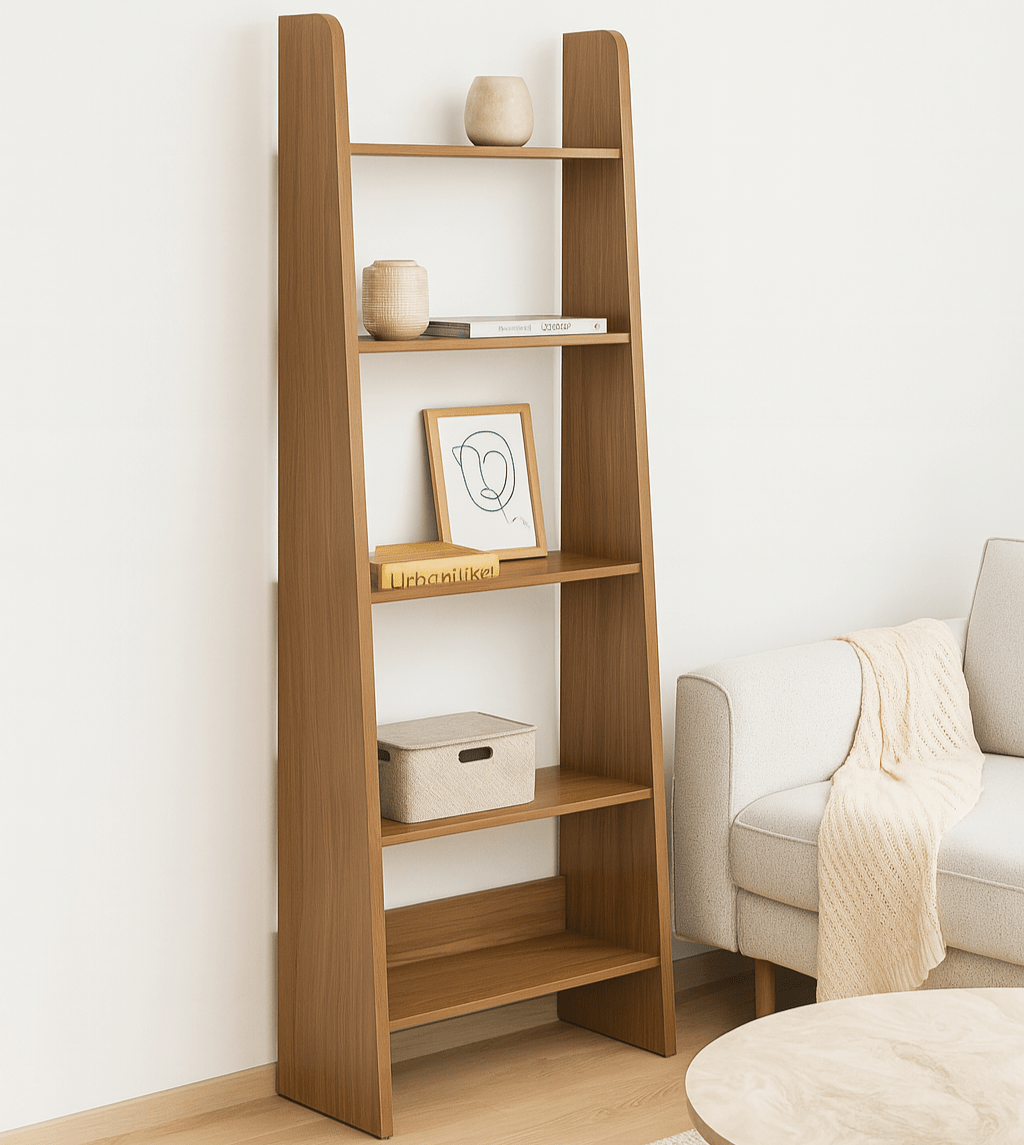 Polia tall natural wood ladder-style shelving unit with books