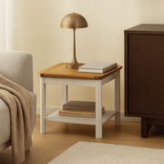 Stoven compact white and oak coffee table with table lamp on top