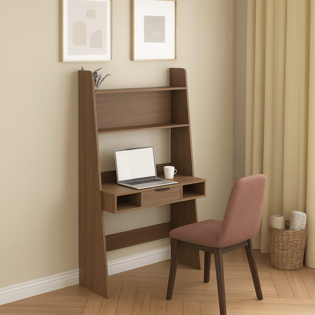 Polia wood office desk with built-in shelves and pink desk chair