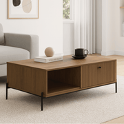 Polia walnut coffee table with open shelf and hidden storage compartment