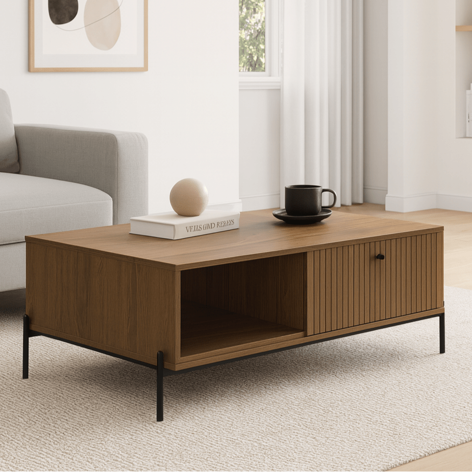 Polia walnut coffee table with open shelf and hidden storage compartment