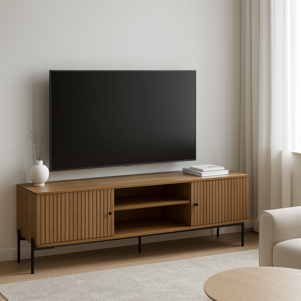 Polia TV stand with wood slatted doors and black frame